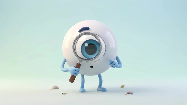 Cute 3D Cartoon Character with Magnifying Glass Searching for Clues on Ground