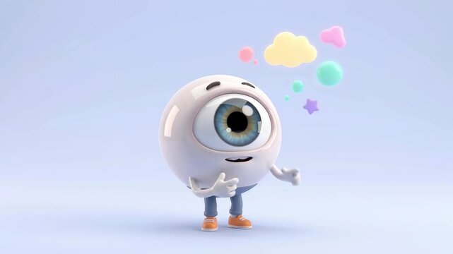 Cute Cyclops Character Thinking with Colorful Ideas Floating Above