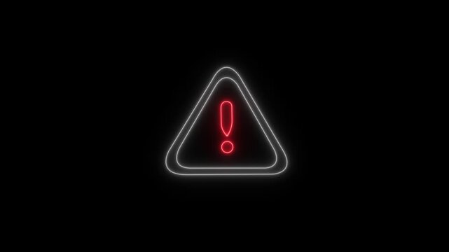 Glowing red exclamation mark inside a triangular warning sign neon animation on a solid black background, representing digital alerts, system errors, cybersecurity, threats, and safety notifications