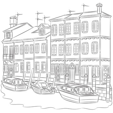 Black and white vector line art depicting traditional houses, moored boats and canal architecture on Burano island in Venice, Italy.