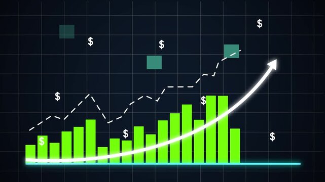 Dynamic financial growth chart animation featuring rising green bar graphs and upward trending white arrows with floating dollar signs on a dark grid background, for corporate business presentations