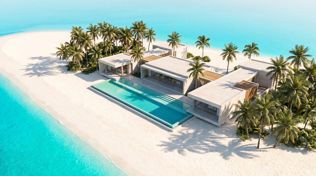 Luxury overwater villa with infinity pool on tropical island.