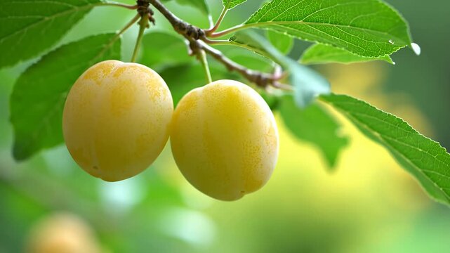 Close up of two ripe yellow plums on branch.