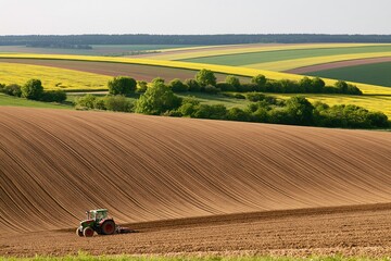 Fototapeta premium Tractor plowing brown soil in a vast rural agriculture landscape with farm crops