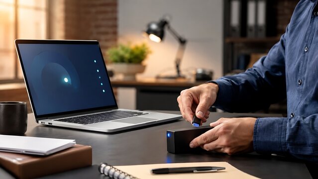 Man plugging USB drive into external hard drive next to laptop