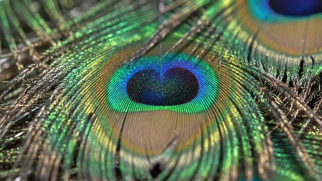 Close-up of vibrant peacock feather eye with detailed fibers.