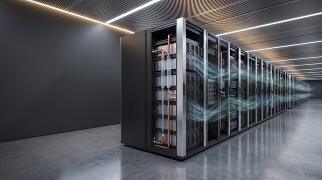 Futuristic data center server racks featuring liquid cooling pipes and high speed data processing capabilities.