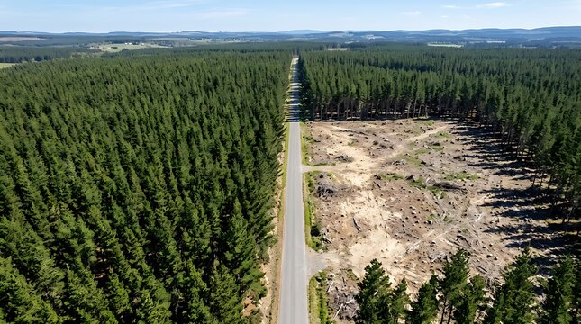 Aerial drone view of a straight asphalt road dividing a lush green pine forest and a barren deforested logging area, highlighting environmental destruction and timber industry impact.