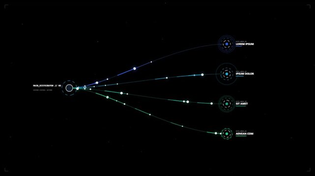 Network visualization showing data transfer paths between nodes with futuristic digital interface design