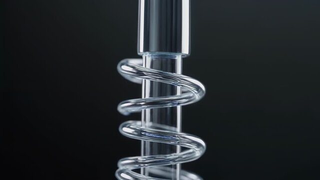 Slow motion close up of a transparent spring oscillating with metallic reflections