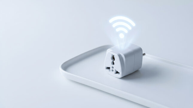 Modern white power adapter on tray with glowing wireless network symbol for remote workation setup