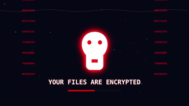 Ransomware warning screen with glowing red skull and digital security threat text display