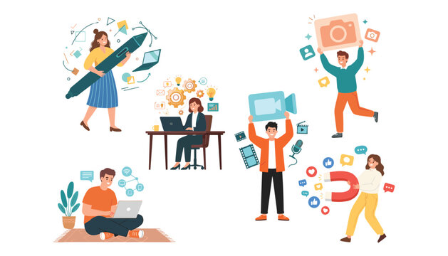 Creative digital content creators and freelance graphic designers working on media marketing production flat vector illustration