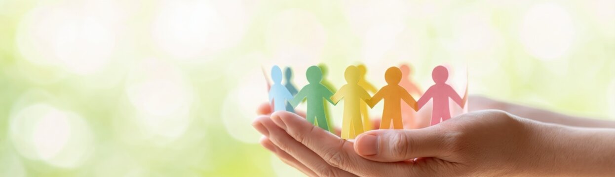 Hands holding colorful paper cutouts representing community unity and diversity