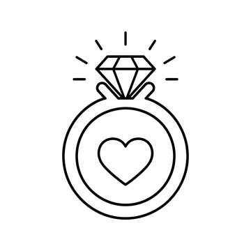 Diamond ring icon with heart inside line art for engagement branding.