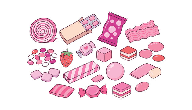 Pink candy and chewing gum vector set featuring sweet bubblegum lollipops marshmallows strawberries and diverse sugary confectionery items