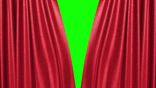 Red Real Velvet Cloth Stage Silk Curtain Open on Green Screen. Curtain for theater, opera, show, stage scenes. This opening curtain is in red camera - slow motion. Real