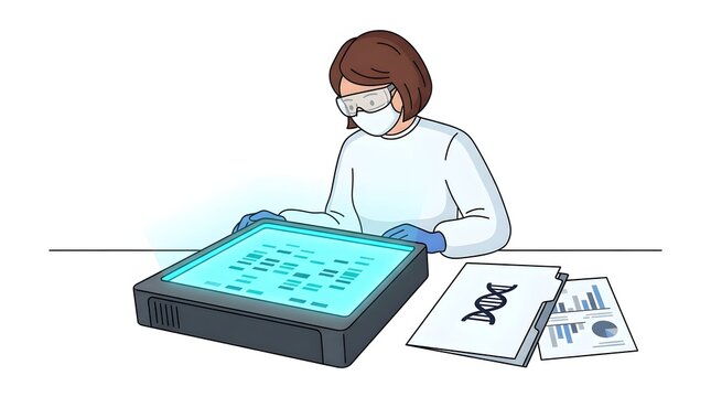Female scientist examining DNA gel electrophoresis bands under UV transilluminator in laboratory