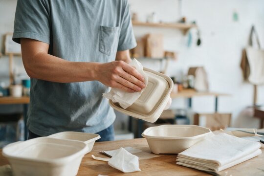 Small Business Worker Preparing Reusable Shipping Containers