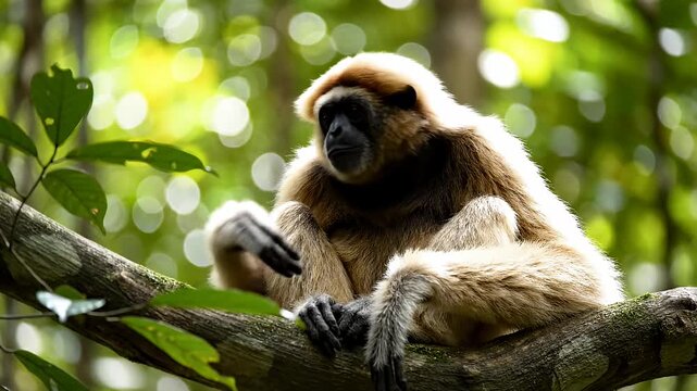 Gibbon monkey sitting on tropical forest branch.