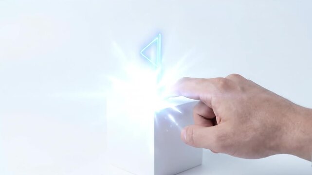 Key Performance Indicator KPI Hand Finger Pressing Glowing Play Symbol Above White Cube Digital Interface Media Control Measurement Gesture