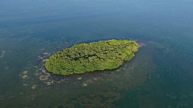 Green island surrounded by sea. Aerial landscape view on island in ocean. Travel and tourism. Traveling and adventure. Summer vacation. Island in sea