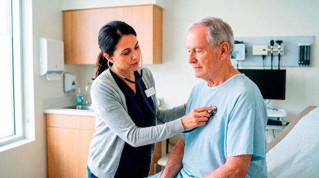 Doctor examining senior patient with stethoscope in examination room