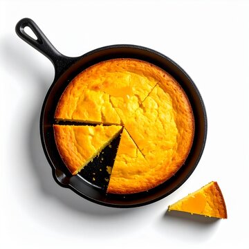 Golden Baked Southern Cornbread in Cast Iron Skillet Isolated on White