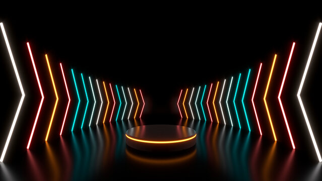 3d cycled animation, abstract pink red blue neon background with glowing gradient arrows, showing forward direction. Empty stage