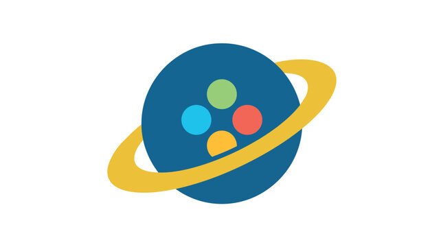 Space exploration planet with planetary ring and multicolored central icons minimalist vector illustration for cosmic science branding