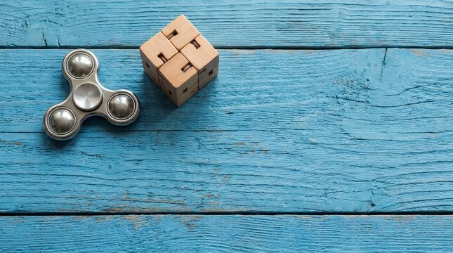 An anti-stress fidget toy visualization showing a blue wooden background with two anti-stress fidget toys for mental and wellness concepts 3D render blue wooden background with two anti stress fidget