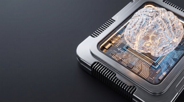 Close-up of glowing digital brain on circuit board