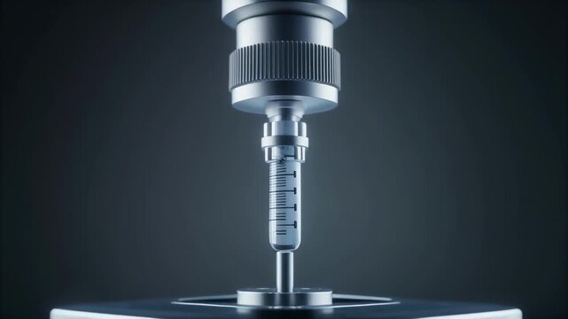 Close up of a modern syringe filling with liquid in slow motion medical technology