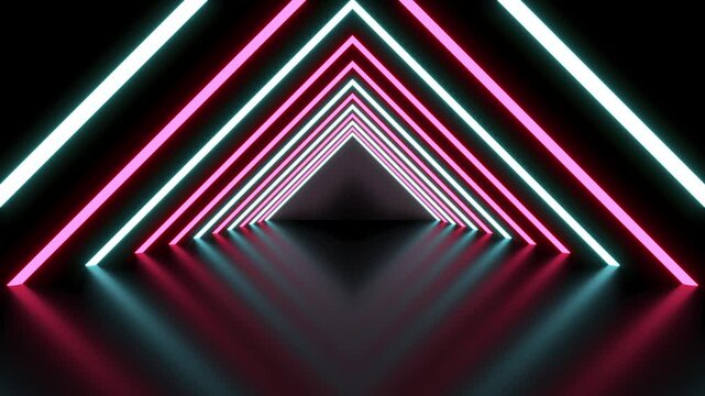 3d cycled animation, abstract pink red blue neon background with glowing gradient arrows, showing forward direction. triangle Empty stage.