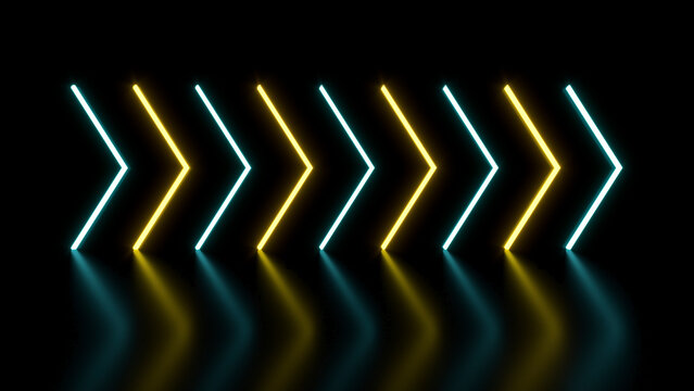 Flashing bright neon arrows light up and go out indicating the direction. Abstract background, laser show. Neon color trends phantom blue and lush lava light spectrum. Seamless