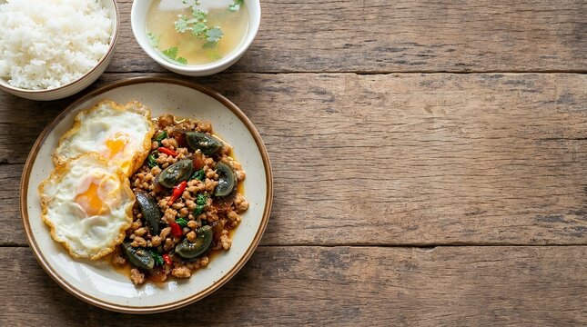 A vibrant and detailed image of a popular Thai street food dish: spicy stir-fried preserved egg with minced pork and fried eggs on a plate served with rice and soup. of spicy stir fried preserved egg