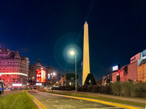 Night photograph of illuminated Obelisco without traffic in Buenos Aires