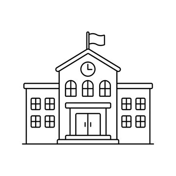 School building outline icon with clock tower and flying flag detail.