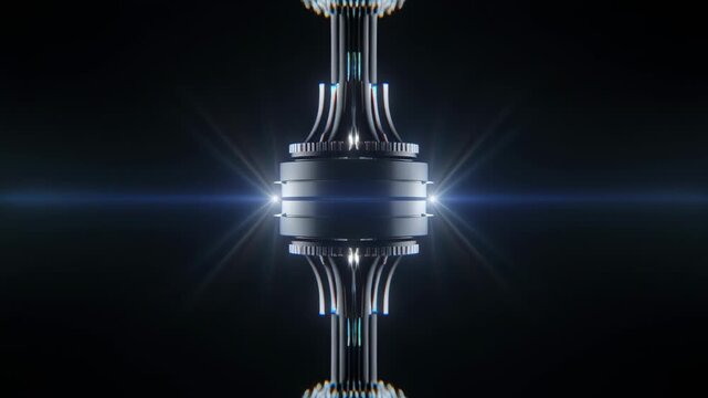 Futuristic mechanical engine with glowing blue light rotation in dark background