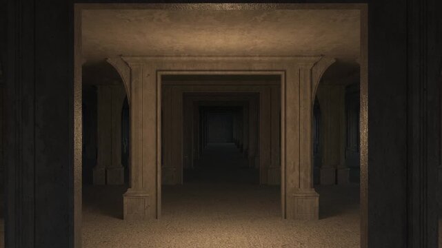 Enter Ancient greek architecture with pillars in night. Vector realistic antique building with white marble wall and column with capital in jonic style. 3d rendering video 4k