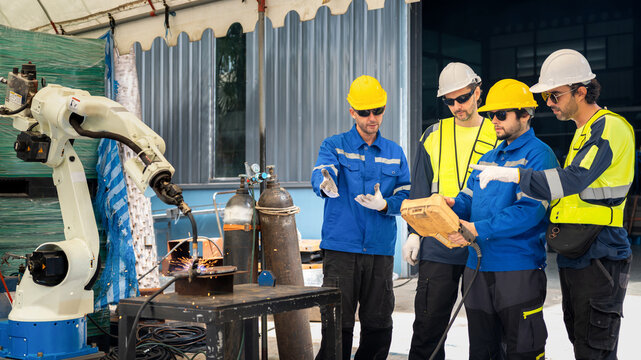 Robotics engineers team operating automated welding robot arm in factory, Automation technicians working with controller on robotic welding system, Engineers team supervising robotic welding machinery