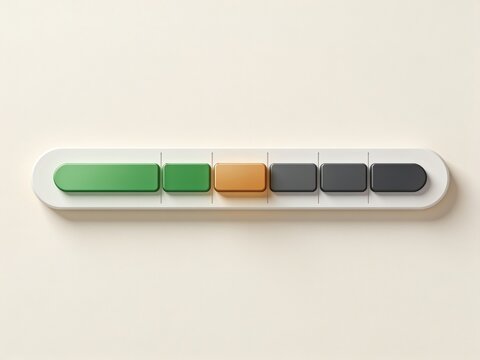 Colorful buttons on a white surface static display of buttons, in white background with soft lighting, with green button, orange