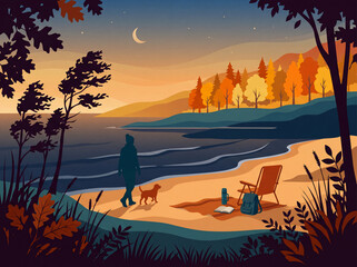 Fototapeta premium Peaceful Autumn Evening Walk with a Dog on a Serene Sandy Beach under the Crescent Moon
