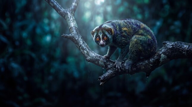 Lorisse primate rests on wet jungle branch in deep tropical darkness
