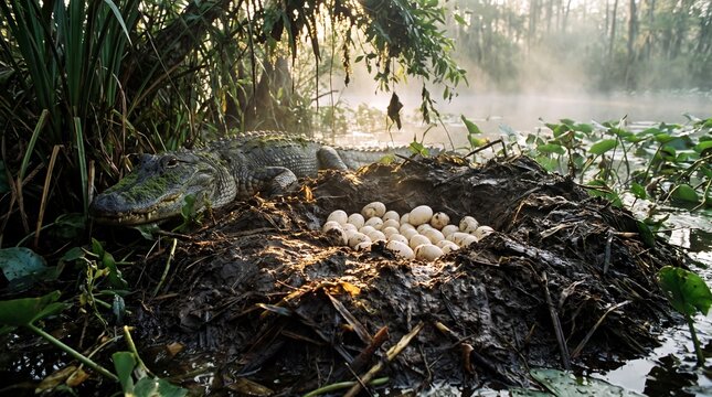 Alligator nesting mound protects white eggs in humid swamp setting at dawn.