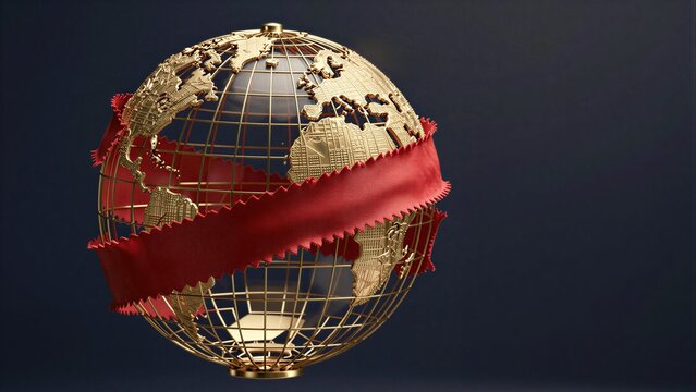 Golden globe with red ribbon, symbolizing global unity and celebration.