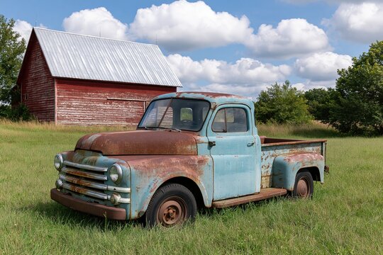 Truck and vintage pickup with rust abandoned in a rural meadow by an old barn