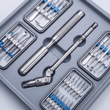 Surgical tool kit display on a medical tray, emphasizing precision and advanced care.
