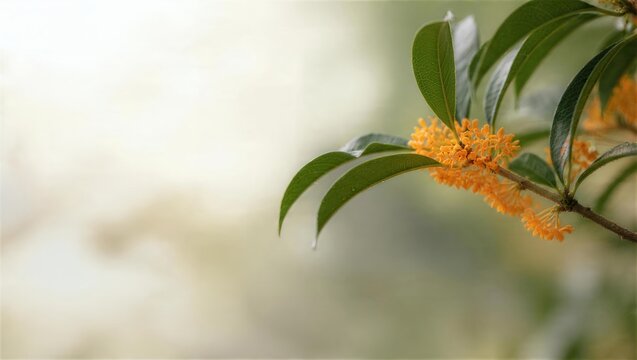 金木犀の橙色の花と葉先の水滴