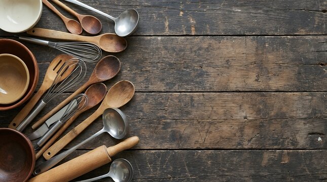 Assorted kitchen utensils arranged on old wooden background representing cooking tools and rustic kitchen decor kitchen utensils on wooden table Kitchen utensils on an old wooden background kitchen